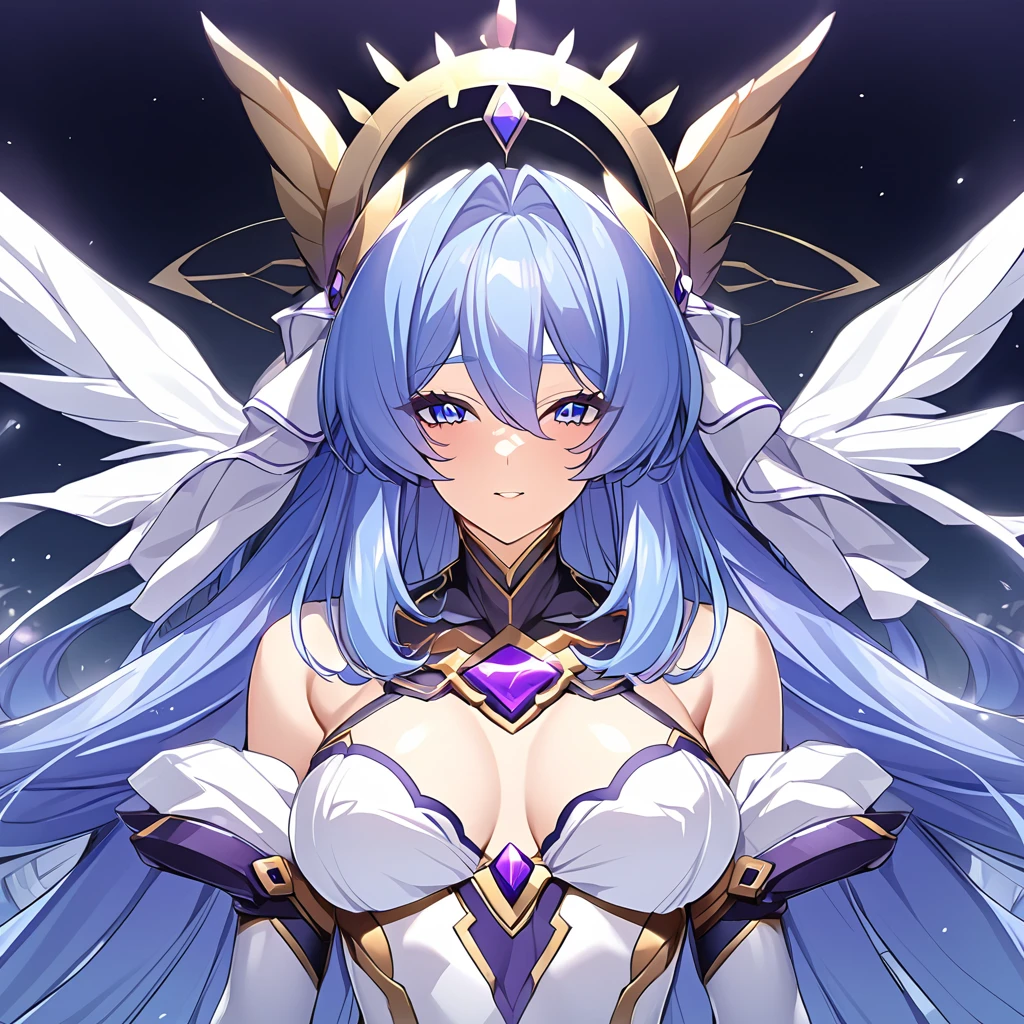 ((Highest quality)), ((masterpiece)), (detailed), (Perfect Face)、The woman is a fine angel who became a member of the Greek goddesses.6An archangel and god with wings and a shining halo above his head.々The wife of Zeus, the king of the gods, the goddess Hera Extella、The woman was the beautiful goddess Hera Axia, queen of the one and only god Zeus. She had medium-long blue hair, was wearing a pure white dress with gorgeous gold embroidery and trim, an engagement ring, and gorgeous accessories. She was an elegant goddess and a beautiful queen of the gods.