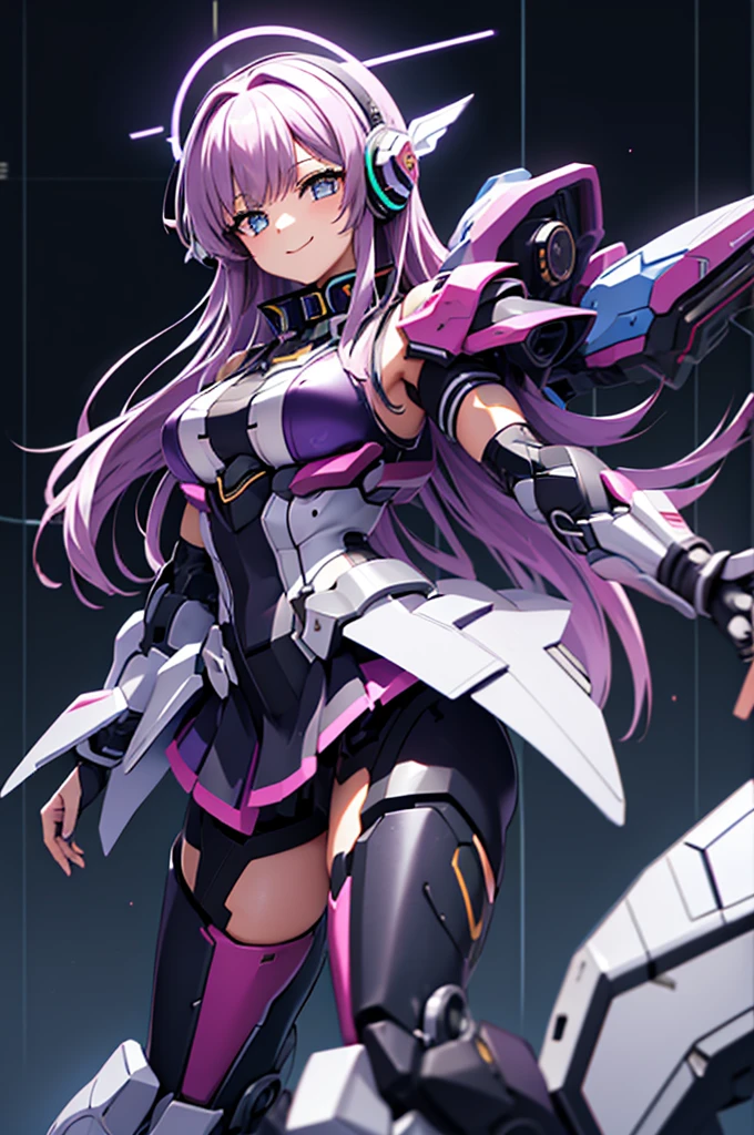 mecha wings、Black Skirt、Accentuated thighs、chest、Light purple hair、1 girl、solo girl、IS、Frame Arms Girl、Alice Gere Aegis、Black and yellow armor、Pink Line、income、headphone、hand on own chest、smile