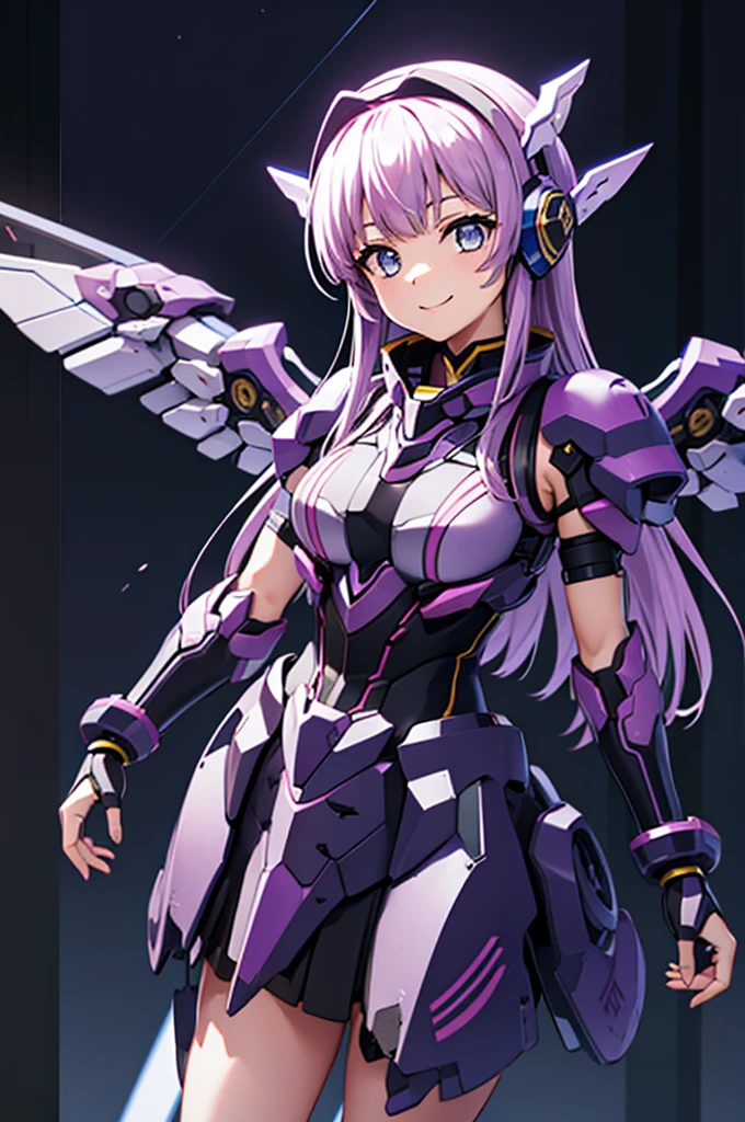 mecha wings、Black Skirt、Accentuated thighs、chest、Light purple hair、1 girl、solo girl、IS、Frame Arms Girl、Alice Gere Aegis、Black and yellow armor、Pink Line、income、headphone、hand on own chest、smile