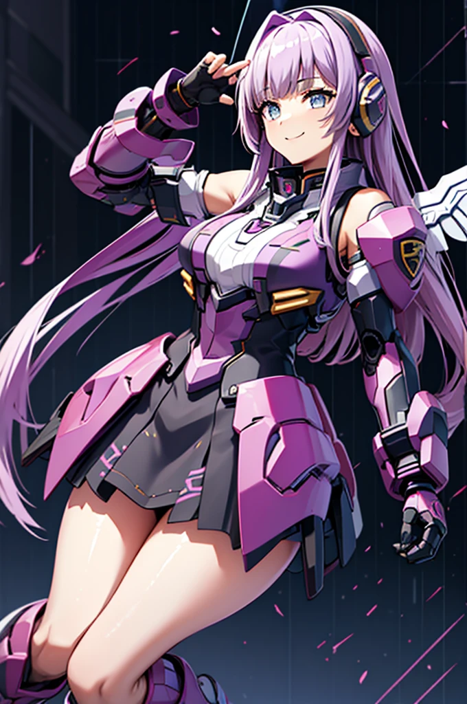 mecha wings、Black Skirt、Accentuated thighs、chest、Light purple hair、1 girl、solo girl、IS、Frame Arms Girl、Alice Gere Aegis、Black and yellow armor、Pink Line、income、headphone、hand on own chest、smile