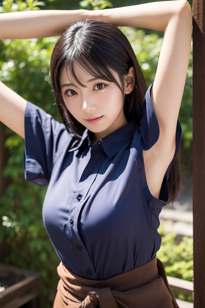 Japanese woman with dark hair, wide shirt, arms raised, armpits visible through sleeves