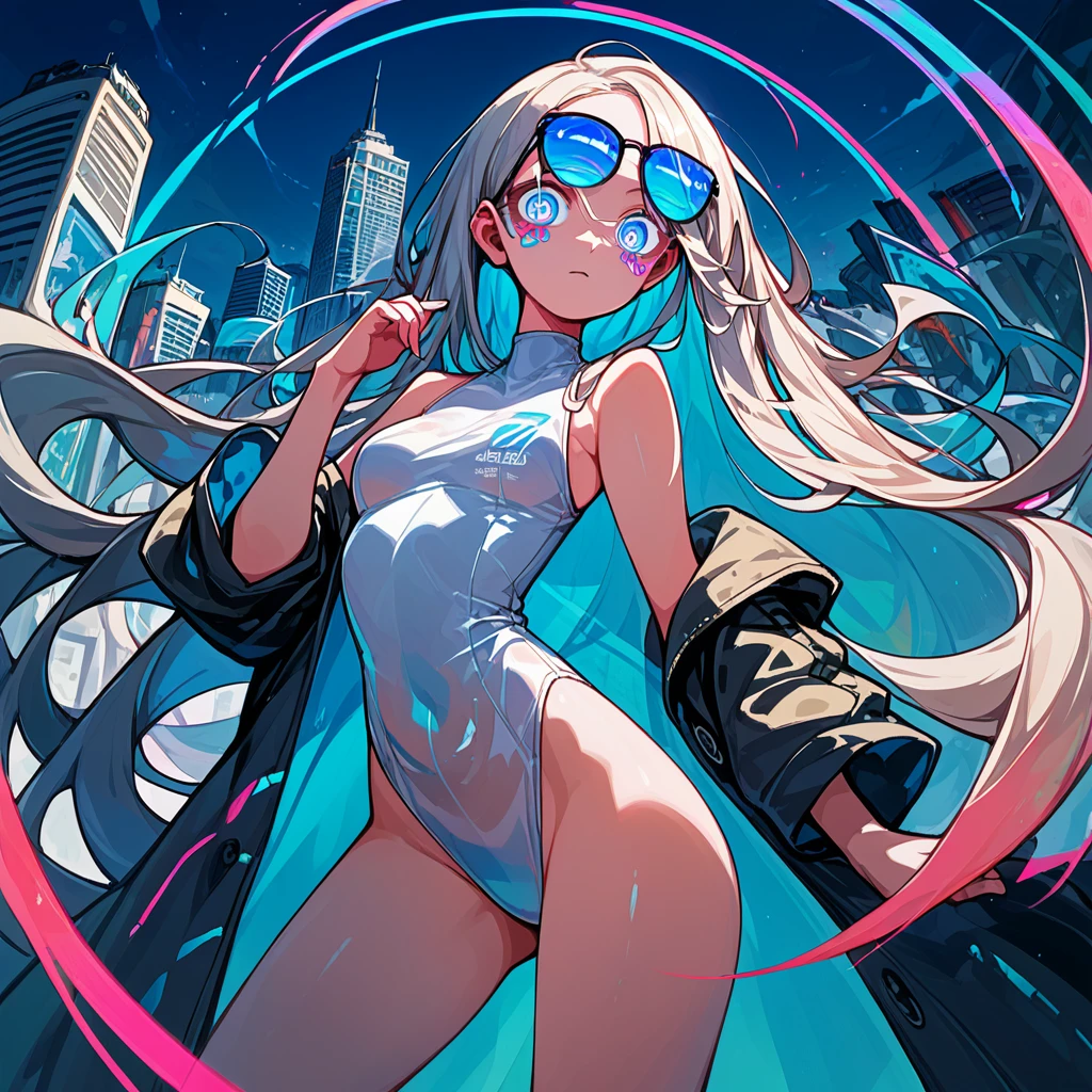 score_9_up, score_8_up, score_7_up, score_6_up, source_anime, cinematic angle, 1girl, 2d, flat, clear color PVC clothing, clear color vinyl clothing:1.2, prismatic, holographic、clear leotard、chromatic aberration, clear skin, shiny hair,aerial、curvy、ultra detailed eyes, eye highlights, long hair, sunglasses, fashion illustration, city,shiny night view
