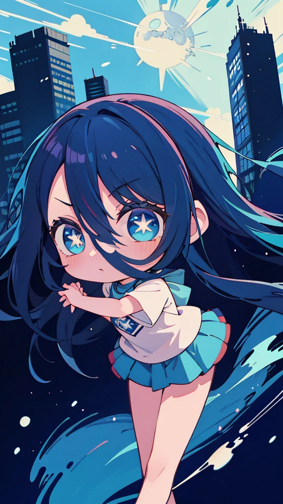 Blue-haired long hair,Design clothing,Seven-doppelganger shot,Anime style 4K,Anime girl with teal hair,High quality anime art style,Standing painting,Splash ink background,Blue Themes、Pure white background,Buildings,Face close-up,Buildings,Moon and sun、Long legs, Shining Star々,milky way,Bright Sky,Looking at me,Facing forward,Clear eyes and nose,cute,beautiful,Thin legs