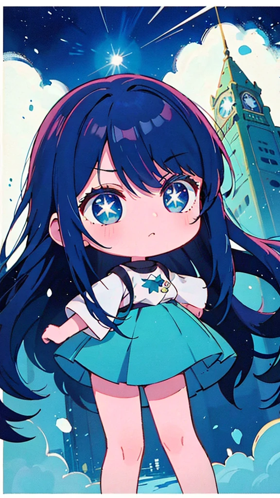 Blue-haired long hair,Design clothing,Seven-doppelganger shot,Anime style 4K,Anime girl with teal hair,High quality anime art style,Standing painting,Splash ink background,Blue Themes、Pure white background,Buildings,Face close-up,Buildings,Moon and sun、Long legs, Shining Star々,milky way,Bright Sky,Looking at me,Facing forward,Clear eyes and nose,cute,beautiful,Thin legs