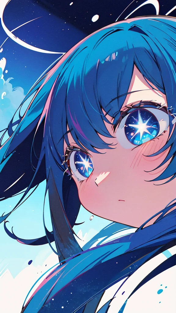 Blue-haired long hair,Design clothing,Seven-doppelganger shot,Anime style 4K,Anime girl with teal hair,High quality anime art style,Standing painting,Splash ink background,Blue Themes、Pure white background,Buildings,Face close-up,Buildings,Moon and sun、Long legs, Shining Star々,milky way,Bright Sky,Looking at me,Facing forward,Clear eyes and nose,cute,beautiful,Thin legs