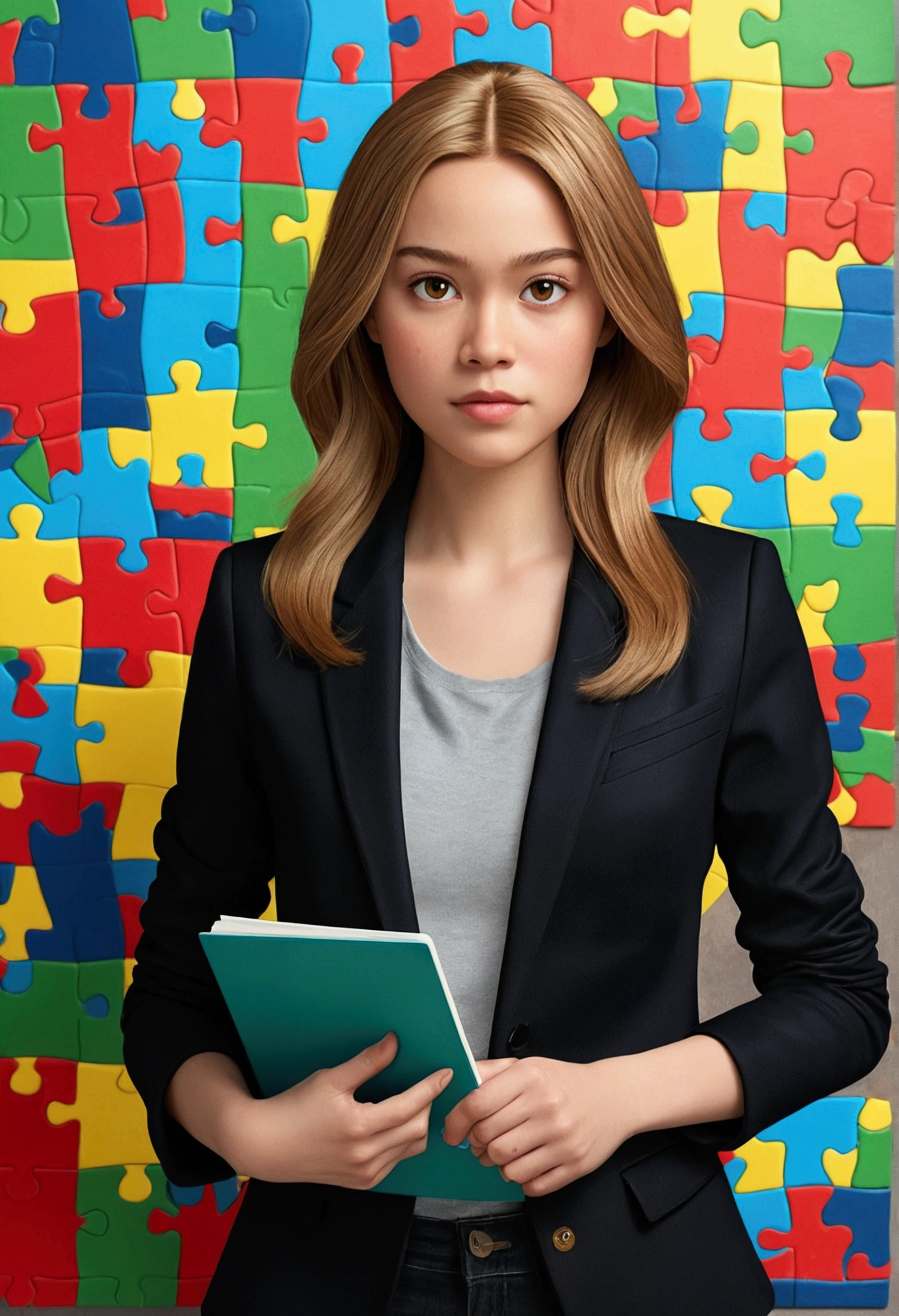 3D Pixar style poster. woman with light skin, very straight dark blonde HAIR, light brown eyes, black blazer, black jeans, gray shirt, white sneakers, notebook in hand, BACKGROUND WITH RED, blue, green and yellow PUZZLE.