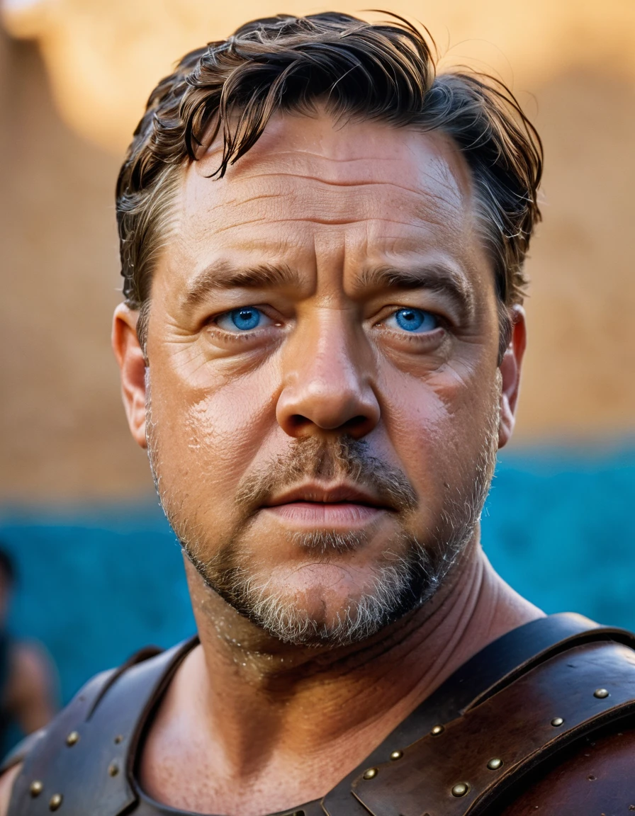 A hyper-realistic GoPro selfie of a young slender Russell Crowe on the Gladiator set, featuring expressive blue eyes, a flawless face, highly detailed features, a photographic 35mm shot, golden hour lighting, cinematic illumination, extreme realism, sweat, and a pastel-colored background. The image is captured in stunning Ultra HD with a Nikon D850.