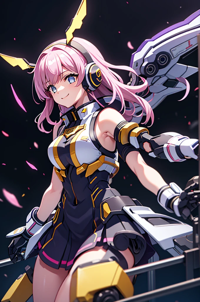 mecha wings、Yellow Skirt、Accentuated thighs、chest、Light purple hair、1 girl、solo girl、IS、Frame Arms Girl、Alice Gere Aegis、Black and yellow armor、Pink Line、income、headphone、hand on own chest、smile