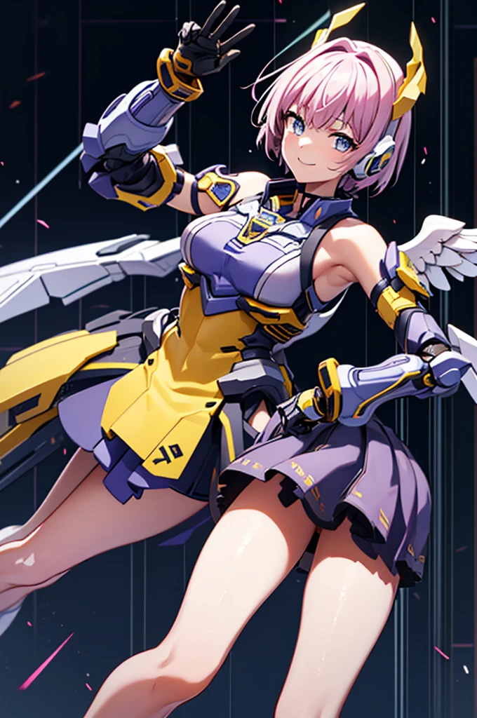 mecha wings、Yellow Skirt、Accentuated thighs、chest、Light purple hair、1 girl、solo girl、IS、Frame Arms Girl、Alice Gere Aegis、Black and yellow armor、Pink Line、income、headphone、hand on own chest、smile