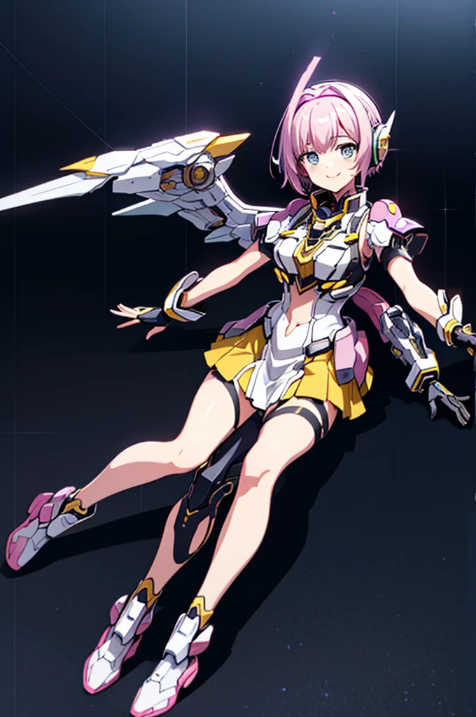 mecha wings、Yellow Skirt、Accentuated thighs、chest、Light purple hair、1 girl、solo girl、IS、Frame Arms Girl、Alice Gere Aegis、Black and yellow armor、Pink Line、income、headphone、hand on own chest、smile