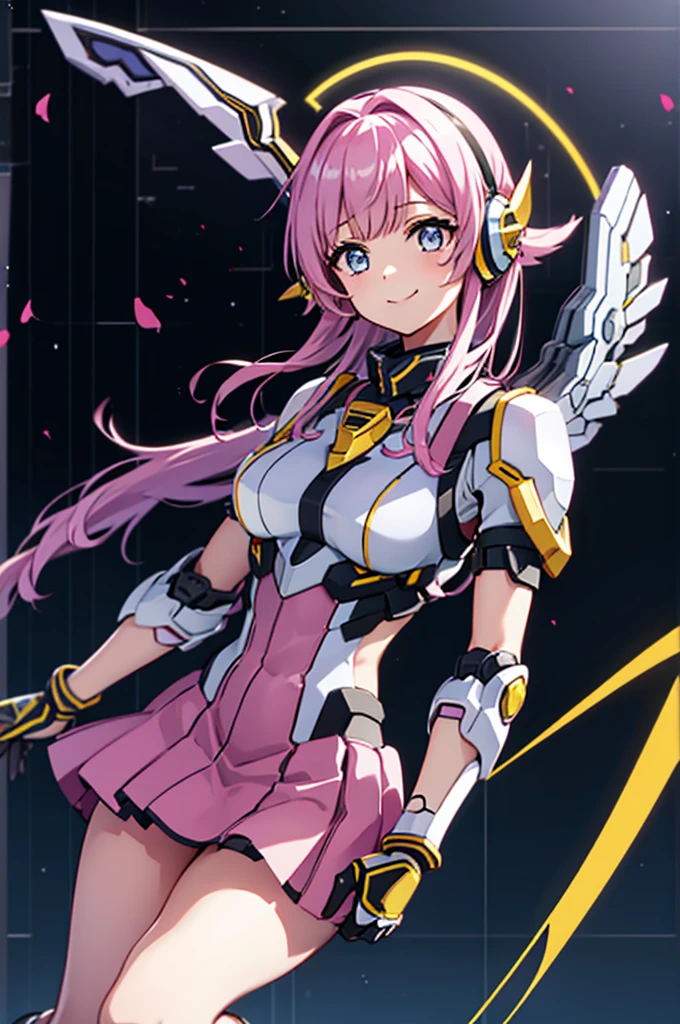 mecha wings、Yellow Skirt、Accentuated thighs、chest、Light purple hair、1 girl、solo girl、IS、Frame Arms Girl、Alice Gere Aegis、Black and yellow armor、Pink Line、income、headphone、hand on own chest、smile