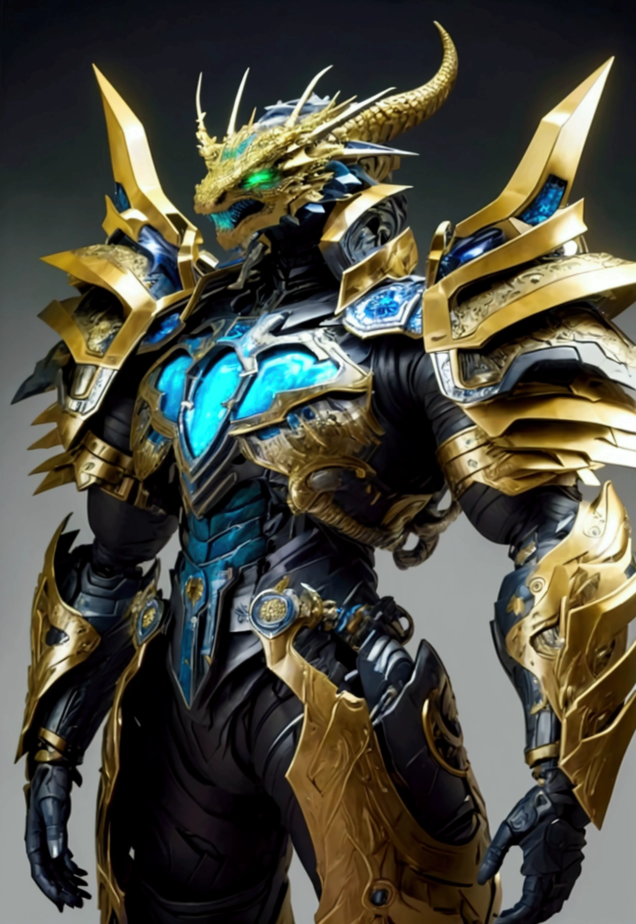 manคนหนึ่งสวมหมวกกันน็อคเต็มใบ, Fantasy style biotechnology armored battle suit, green eyes, (Multi-layered chest armor), Closed shoulder guard, Matching arm and leg protection, A belt decorated with dragon claw orbs., (The color scheme is mostly yellow with black and blue accents.), The design strikes a balance between versatility., High-tech bio-mecha armor, (Dragon-inspired armor concept, Stand atop a skyscraper in a futuristic sci-fi city.), The character is a collection of surreal fantasy armored heroes that are intricately crafted in the anime style., Refined and mature manga art style, (Combat Damage, component, plasma, energy, glowing armor), ((man:1.5)), metal, real surface material, Amazing, high definition, best quality, height, Very detailed, ภาพวาดที่Very detailed, very delicate, professional, perfect body proportions, golden ratio, Anatomically correct, Symmetrical face, ดวงตาและใบหน้าที่มีรายVery detailed, High quality eyes, creativity, raw photos, UHD, 32K, natural light, movie light, Masterpiece-anatomy-perfect, Masterpiece:1.5