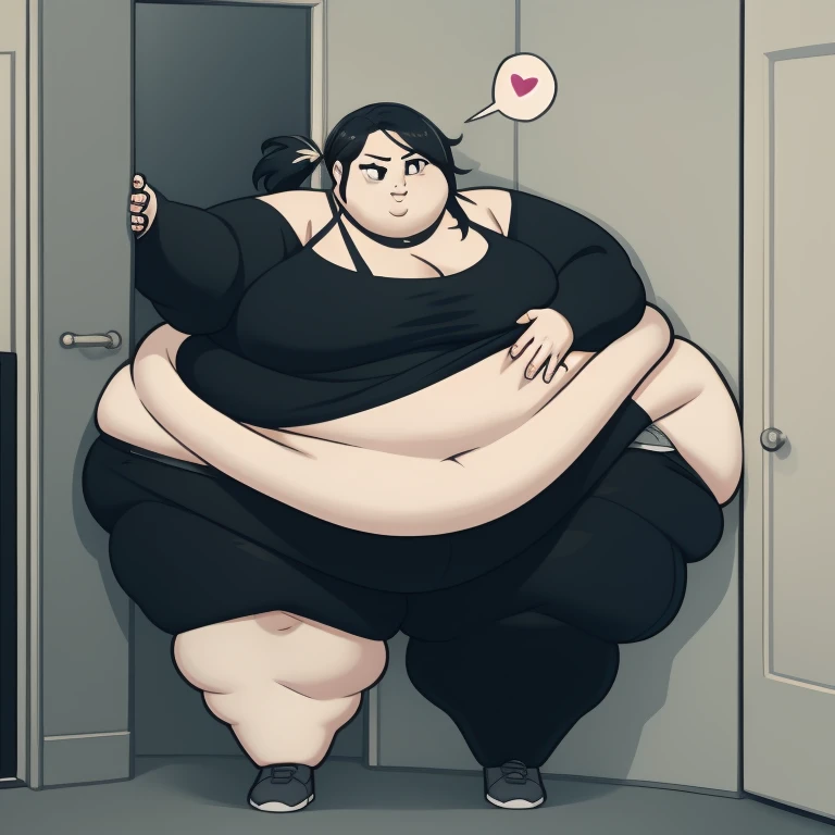 Morbidly obese, full body, arched back, highres, ashleygraves, 1girl, solo, wide open eyes, pink eyes, low ponytail, white outline, monochrome, choker, indoors, smile, looking at viewer, <3, full body, one hand, spoken heart, zoomed out, Round face, double chin, fat chin, fat cheeks, fat neck, round face, SSBBW, flabby arms, round face, double chin, fat double chin, big double chin, fat neck, chubby cheeks, fat thighs, fat calves, morbidly obese, flabby , giant , large belly, obese, fat face, belly, double chin, obesity, flabby breasts, fat arms and legs, fat everything,