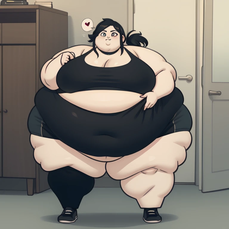 Morbidly obese, full body, arched back, highres, ashleygraves, 1girl, solo, wide open eyes, pink eyes, low ponytail, white outline, monochrome, choker, indoors, smile, looking at viewer, <3, full body, one hand, spoken heart, zoomed out, Round face, double chin, fat chin, fat cheeks, fat neck, round face, SSBBW, flabby arms, round face, double chin, fat double chin, big double chin, fat neck, chubby cheeks, fat thighs, fat calves, morbidly obese, flabby , giant , large belly, obese, fat face, belly, double chin, obesity, flabby breasts, fat arms and legs, fat everything,