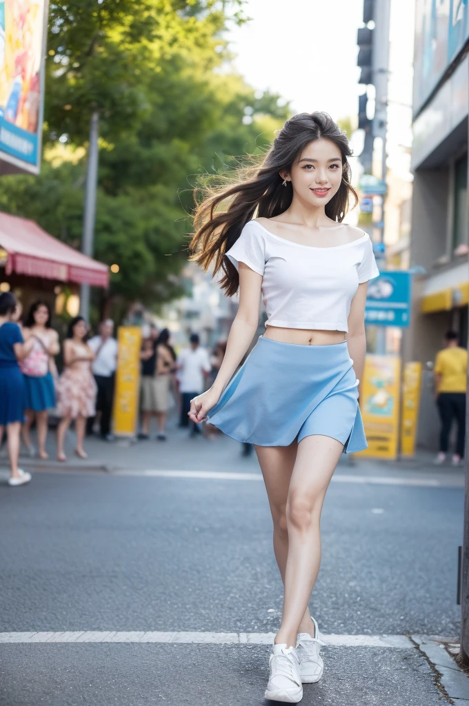 (((best quality))), (((ultra detailed))), (((masterpiece))), illustration,((a beautiful girl,solo)),(shoulder length straight hair:1.2),((slim,thin)),((small breasts,flat chest,claviclis,navel)),(blue short-sleeved white shirt:1.5),(blue mini-skirt:1.3),(slender legs:1.2),(sneakers:1.3),(standing:1.3),((on a stage,outside a shopping mall, at the entrance of a beer promotional event,on the street)), ((surrounded by crowded crowds)),((her hair and the edges of her skirt fluttering in the air)), the girl's attire reflecting the vibrant spirit of summer, a sense of youthful charm and confidence exuding from her, her hair flows freely in the wind, the fluttering skirt accentuating her graceful movements, her expressive eyes and infectious smile drawing people closer, the stage adorned with colorful decorations, the vibrant atmosphere enhanced by the enthusiasm of the crowd, onlookers of various ages captivated by her performance, clapping, cheering, and taking photos, the girl's graceful dance transforming the ordinary streets into a vibrant and lively venue, her energy and charisma captivating the audience, the scene encapsulating the spirit of summer and the beauty of artistic expression,(night scene:1.3),(from front:1.3),(arms behind back:1.3),(full body:1.3)