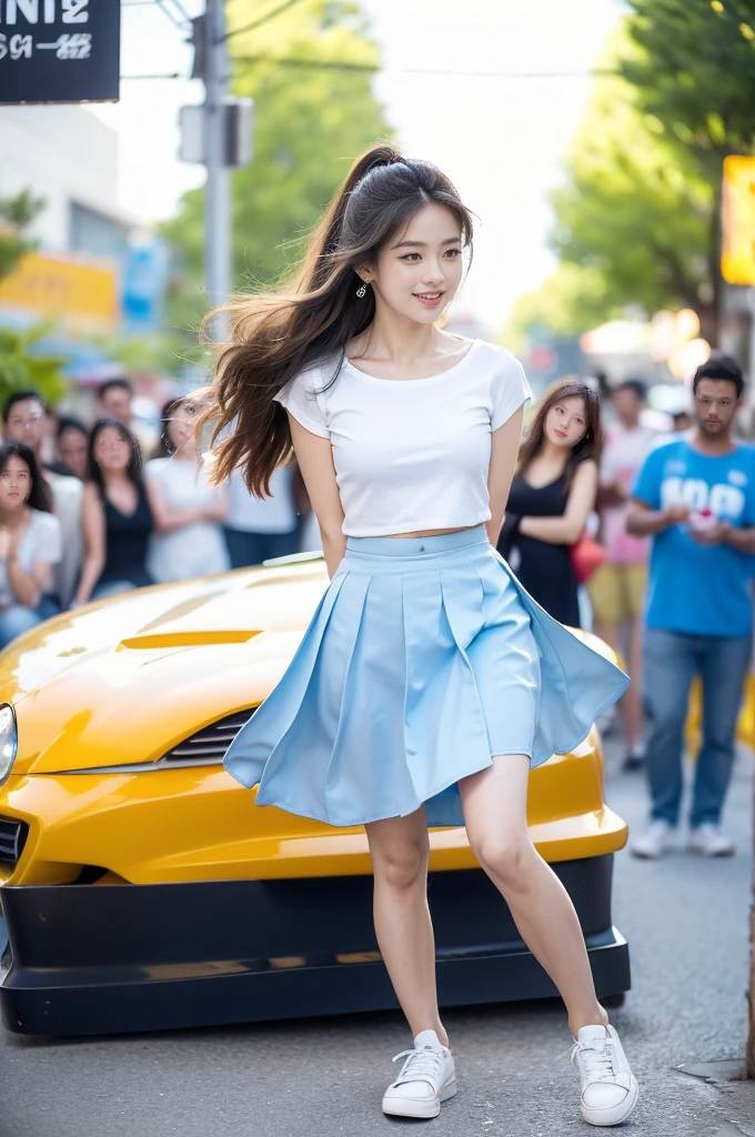 (((best quality))), (((ultra detailed))), (((masterpiece))), illustration,((a beautiful girl,solo)),(shoulder length straight hair:1.2),((slim,thin)),((small breasts,flat chest,claviclis,navel)),(blue short-sleeved white shirt:1.5),(blue mini-skirt:1.3),(slender legs:1.2),(sneakers:1.3),(standing:1.3),((on a stage,outside a shopping mall, at the entrance of a beer promotional event,on the street)), ((surrounded by crowded crowds)),((her hair and the edges of her skirt fluttering in the air)), the girl's attire reflecting the vibrant spirit of summer, a sense of youthful charm and confidence exuding from her, her hair flows freely in the wind, the fluttering skirt accentuating her graceful movements, her expressive eyes and infectious smile drawing people closer, the stage adorned with colorful decorations, the vibrant atmosphere enhanced by the enthusiasm of the crowd, onlookers of various ages captivated by her performance, clapping, cheering, and taking photos, the girl's graceful dance transforming the ordinary streets into a vibrant and lively venue, her energy and charisma captivating the audience, the scene encapsulating the spirit of summer and the beauty of artistic expression,(night scene:1.3),(from front:1.3),(arms behind back:1.3),(full body:1.3)