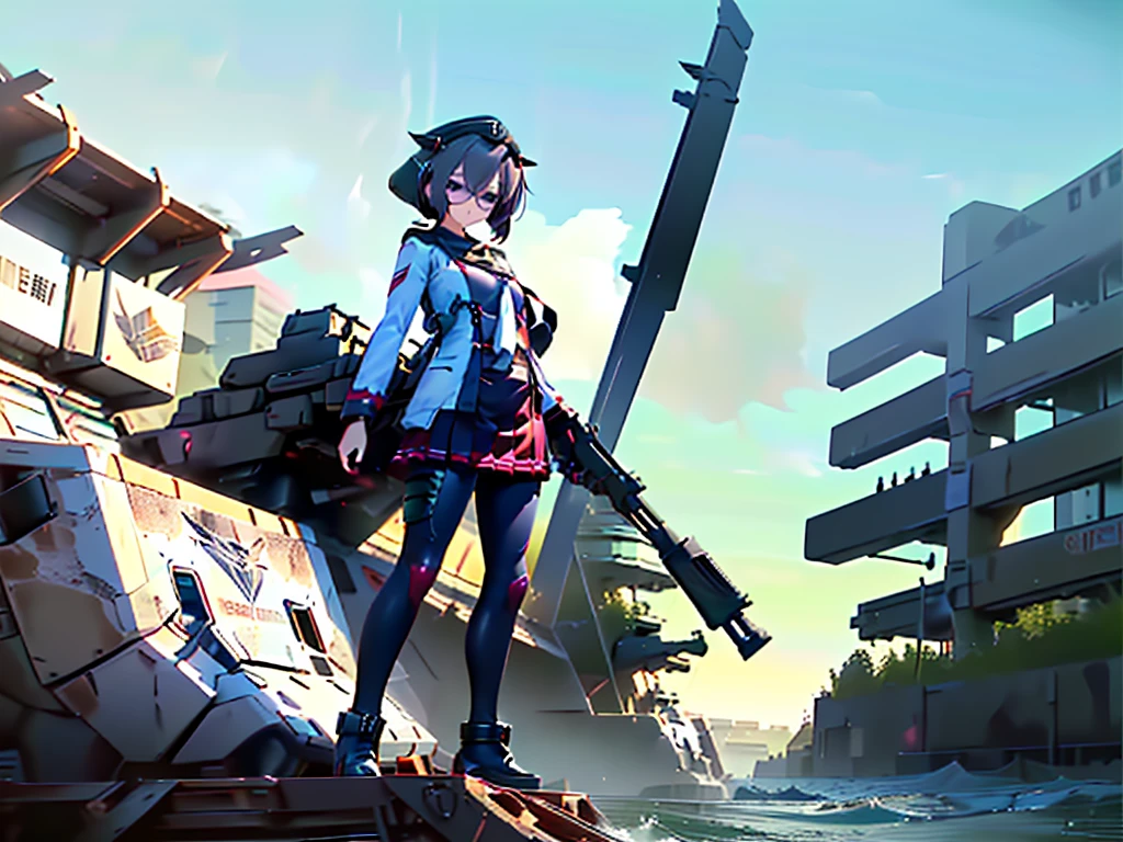 (((masterpiece, Vision))), ((((Full body of a woman with perfect flat chest、1 Female、solo、Short unkempt black hair、Tie your messy hair at the nape of your neck、white military jacket、Miko costume、black tights、Black glasses are black、White military cap、Cloudy black eyes、Confused eyes、Junyo-inspired emblem、Ship-style boots)))), (((Shipgirl))), ((Floating on the morning sea with both feet)), (Standing with your legs apart)), Aim, (Hold the shotgun turret grip with your right hand), (Four white mechanical dragons extend from its back.), (Holding a shotgun with metal tentacles), (Equipped with a bridge on the back), (Left arm holds the grip of a double-barreled shotgun),