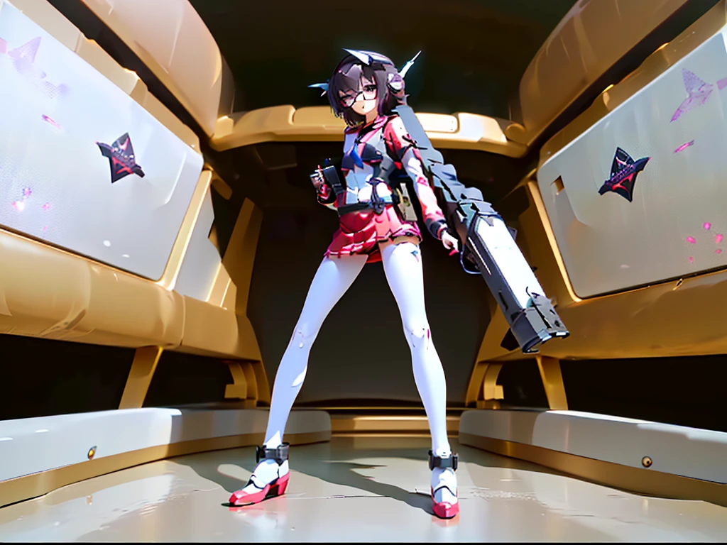 (((masterpiece, Vision))), ((((Full body of a woman with perfect flat chest、1 Female、solo、Short unkempt black hair、Tie your messy hair at the nape of your neck、white military jacket、Miko costume、black tights、Black glasses are black、White military cap、Cloudy black eyes、Confused eyes、Junyo-inspired emblem、Ship-style boots)))), (((Shipgirl))), ((Floating on the morning sea with both feet)), (Standing with your legs apart)), Aim, (Hold the shotgun turret grip with your right hand), (Four white mechanical dragons extend from its back.), (Holding a shotgun with metal tentacles), (Equipped with a bridge on the back), (Left arm holds the grip of a double-barreled shotgun),