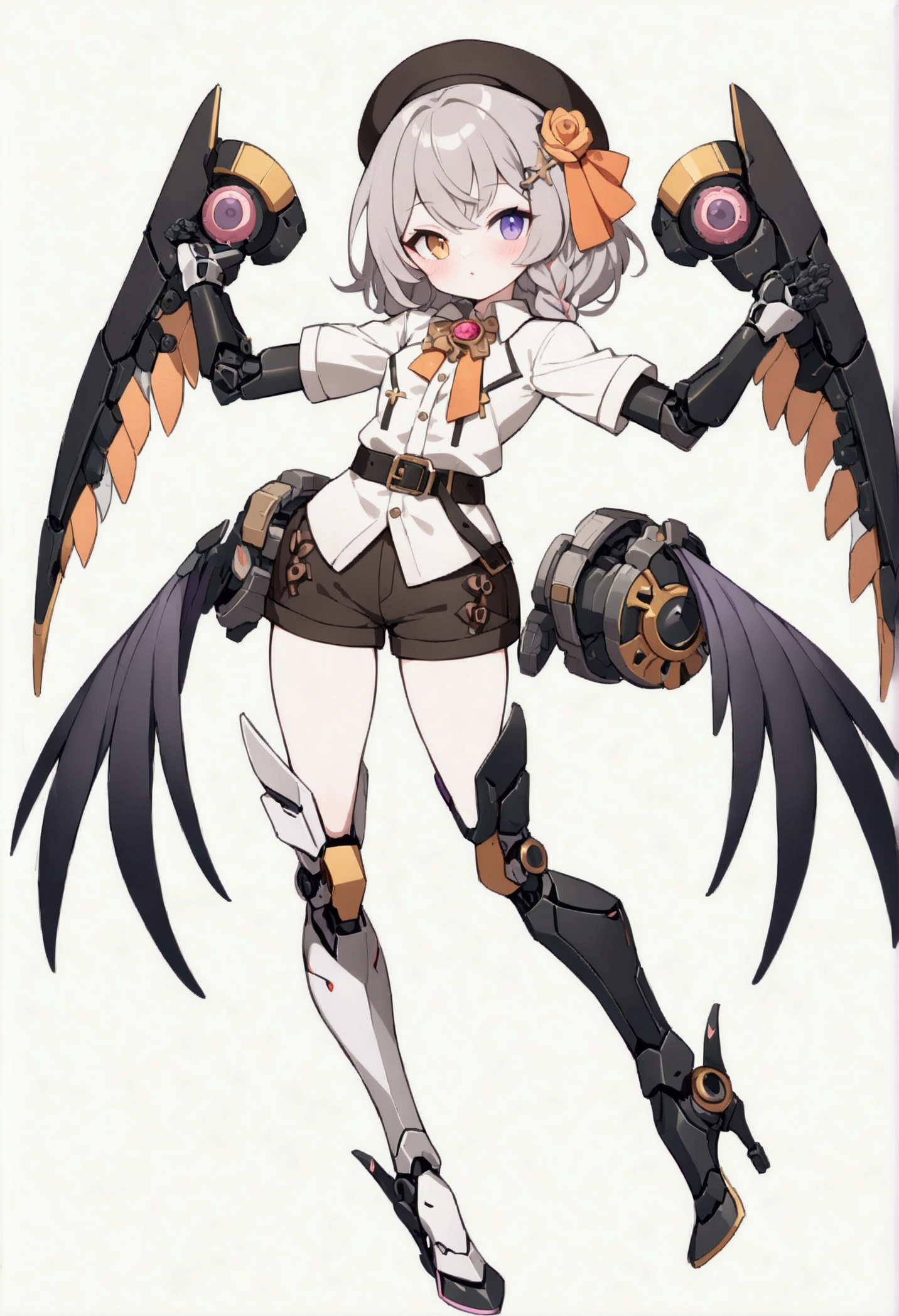 woman 165cm tall, slim build, , charming look, ((heterocromia: look like, derecho naranja y look like izquierdo violeta)), (Shoulder Length Wavy Gray Hair, a short braid on the left side of the hair, big open bangs, golden gear hairpin in hair), (((complex mechanical legs up to the hip, The legs are black with gray parts with small pink details))), (((complex mechanical arms up to the elbows, The arms are black with gray parts with small pink details))), (complex white mechanical angel wings with pastel green parts), (elegant black French beret with an orange rose ribbon), (stylish short sleeve button down shirt, shorts with three small multicolored gears, elegant black belt with orange parts, small rose brooch in the middle of the bust, beautiful mechanical stiletto heels), (((character design sheet: Front view))), (((Whole body))), extremely detailed beautiful hair, beautiful detailed clothing, extremely detailed arms, extremely detailed face, (Extremely detailed hands), perfect hands, small face, hermosos look likes detallados, beautiful detailed lips, adorable, extremely detailed legs, (Best Quality, 8k, ultra resolution), ultra detailed, Exquisite and epic character art, ((Pastel brown background)), (Focus on symmetry), (extremely detailed wings).