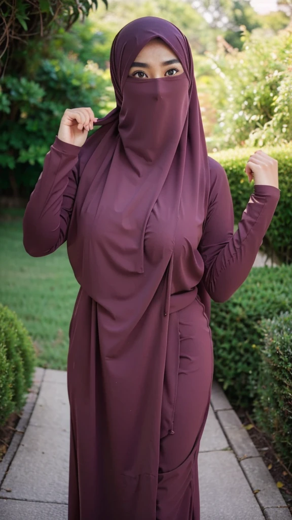 A beautiful Asian girl in a long hijab with tight and clearly visible breasts, With dark colored clothes, was raising both hands , and good quality images