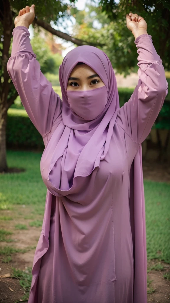A beautiful Asian girl in a long hijab with tight and clearly visible breasts, With dark colored clothes, was raising both hands , and good quality images