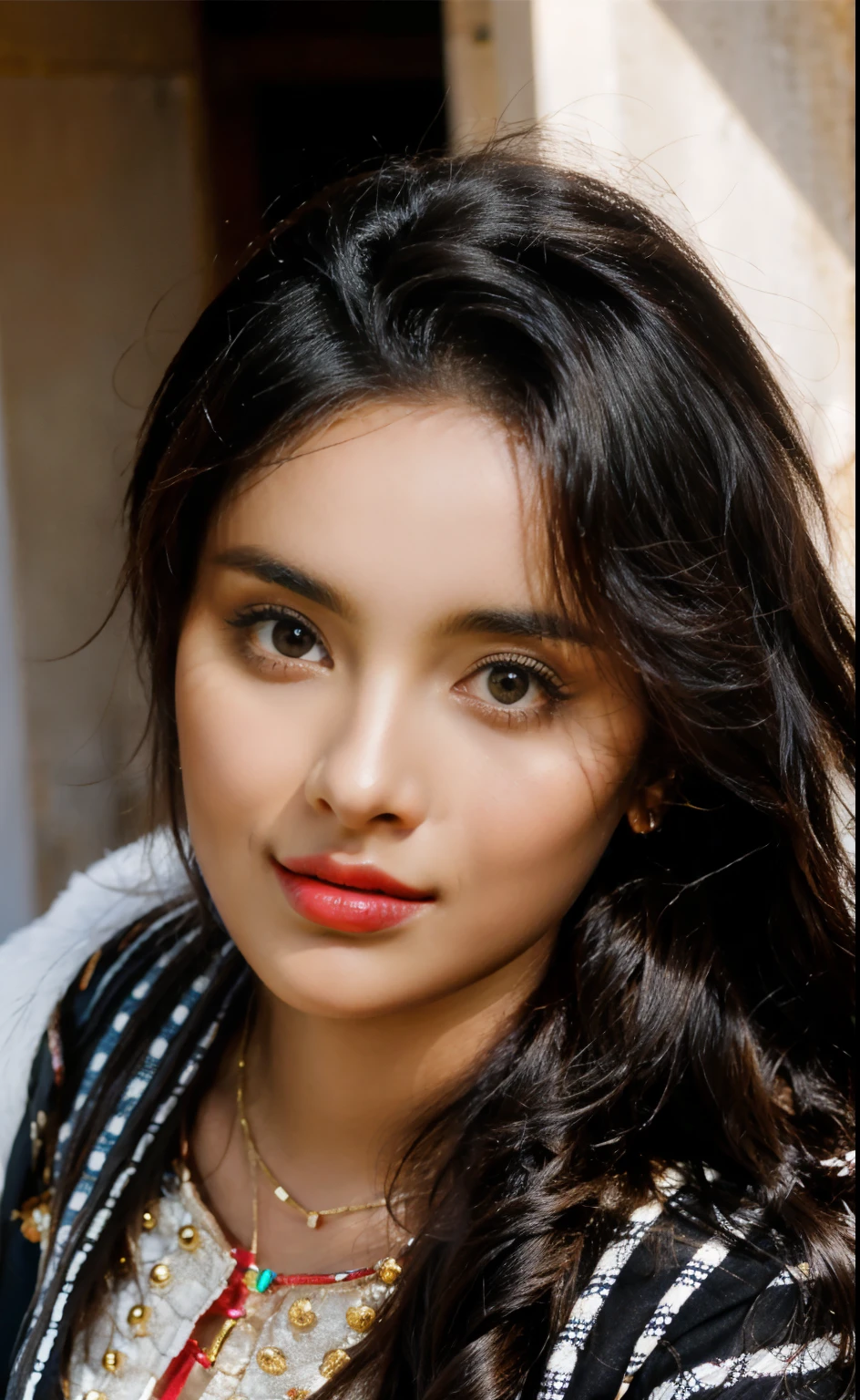 a woman with long black hair, indian girl with brown skin, sexy girl with dark complexion, beautiful face, with accurate face, with professional makeup, with lovely look, very pretty face, very beautiful face