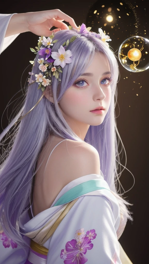 (masterpiece:1.3), (8k, photorealistic, raw photo, highest quality:1.4), (one girl), beautiful face, (realistic face), (long hair), (silver hair, near white hair, shiny hair, beautiful straight hair), (even bangs), (sharp bangs), straight hairstyle, realistic eyes, beautiful detailed eyes (purple eyes), (sharp eyes), (realistic skin), beautiful skin, (kimono), (magician's kimono), (flower hair ornament), attractive, ultra high resolution, ultra realistic, highly detailed, golden ratio, colorful background, (flowers blooming), (energy dancing background), magician, facing forward, facing from shoulders, looking straight ahead, both shoulders facing towards you, holding crystal ball, (heart crystal ball, love crystal ball).