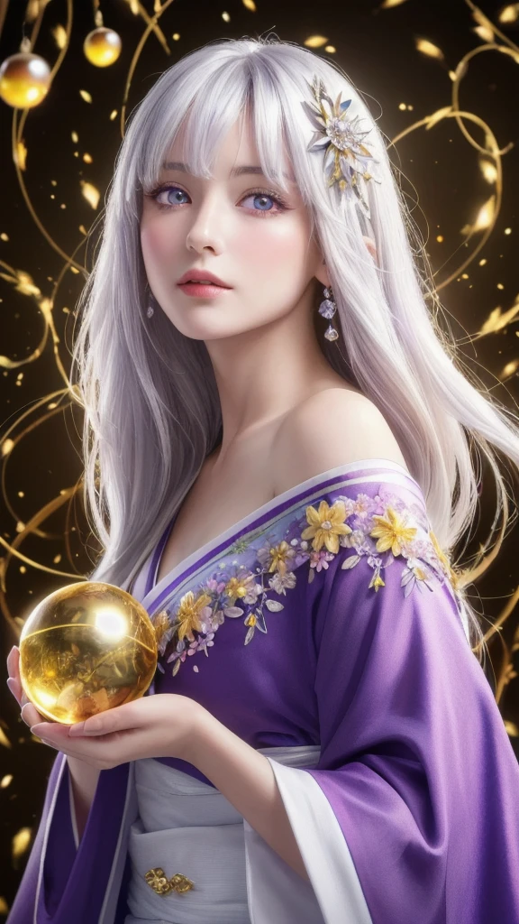 (masterpiece:1.3), (8k, photorealistic, raw photo, highest quality:1.4), (one girl), beautiful face, (realistic face), (long hair), (silver hair, near white hair, shiny hair, beautiful straight hair), (even bangs), (sharp bangs), straight hairstyle, realistic eyes, beautiful detailed eyes (purple eyes), (sharp eyes), (realistic skin), beautiful skin, (kimono), (magician's kimono), (flower hair ornament), attractive, ultra high resolution, ultra realistic, highly detailed, golden ratio, colorful background, (flowers blooming), (energy dancing background), magician, facing forward, facing from shoulders, looking straight ahead, both shoulders facing towards you, holding crystal ball, (heart crystal ball, love crystal ball).