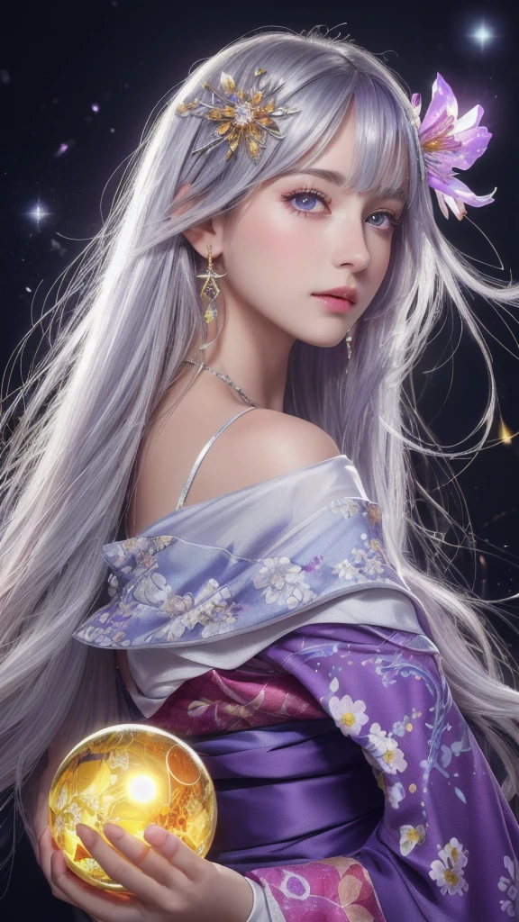 (masterpiece:1.3), (8k, photorealistic, raw photo, highest quality:1.4), (one girl), beautiful face, (realistic face), (long hair), (silver hair, near white hair, shiny hair, beautiful straight hair), (even bangs), (sharp bangs), straight hairstyle, realistic eyes, beautiful detailed eyes (purple eyes), (sharp eyes), (realistic skin), beautiful skin, (kimono), (magician's kimono), (flower hair ornament), attractive, ultra high resolution, ultra realistic, highly detailed, golden ratio, colorful background, (flowers blooming), (energy dancing background), magician, facing forward, facing from shoulders, looking straight ahead, both shoulders facing towards you, holding crystal ball, (heart crystal ball, love crystal ball).