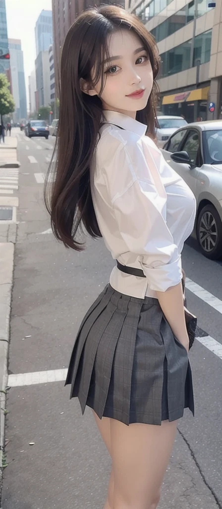 1 beautiful girl, Sad girl, Long Hair, 18-year-old, A beautiful face without blemishes, Rosy Face, Black eyes, Thin eyebrows, The most thorough makeup is the eyelashes, Pink lipstick, lips , Elegant smile, Her breasts are large and round, Slim waist, Big Breasts, moderately large butt, Long legs, Please wear a thin white button-up shirt that reaches down to your waist and shows your underwear., She is wearing a grey checked pleated mini skirt., high school student, Black Loafers, Thighs, Long Hair, One afternoon, Town, Outside background image, Quality Best image quality, 8K quality, Real Girls, artwork, whole body