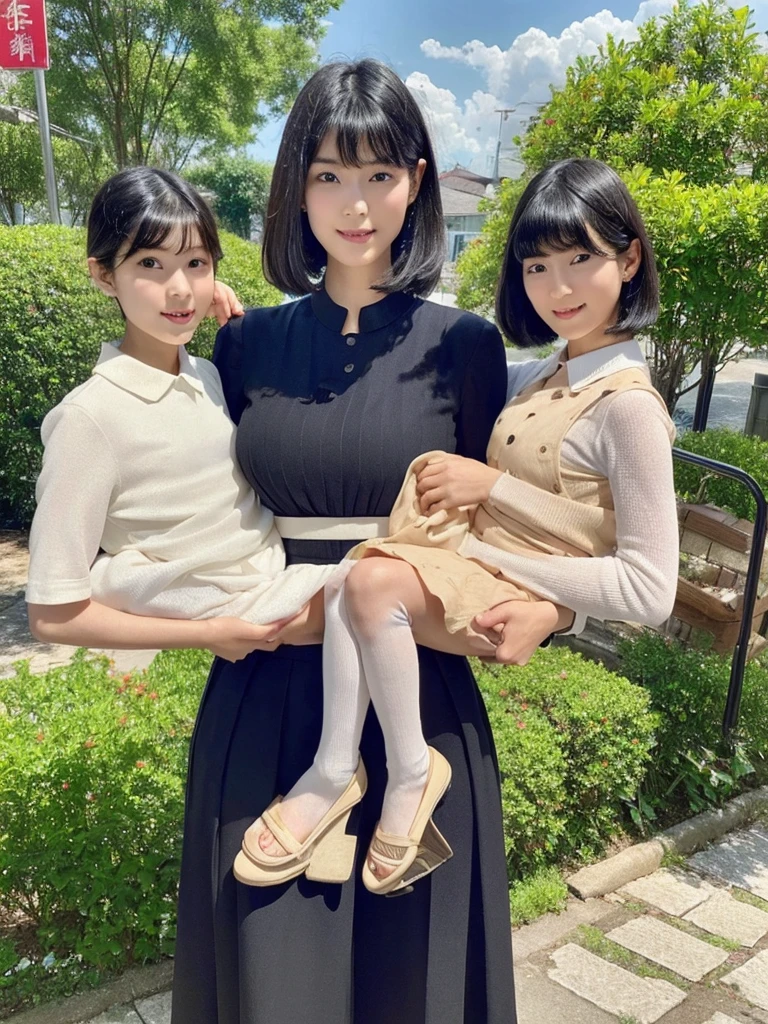 Highest quality、masterpiece、8k、Very detailed、Realistic、One person、Looking at me with a smile、whole body、Black Hair、Short Hair、Small face、Slender、(Very large breasts)、Thin and beautiful legs、narrow and constricted waist,、(tight family uniform:1.2)