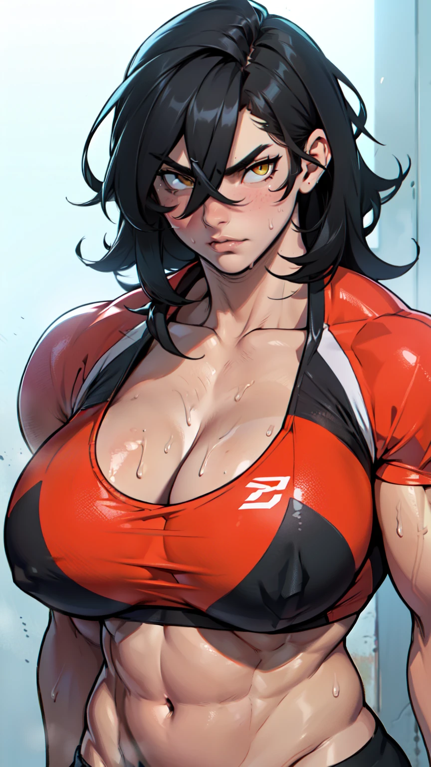 (((muscular girl toned body massive ))) yellow eyes black hair between eyes pale skin sweaty massive hair messy hair