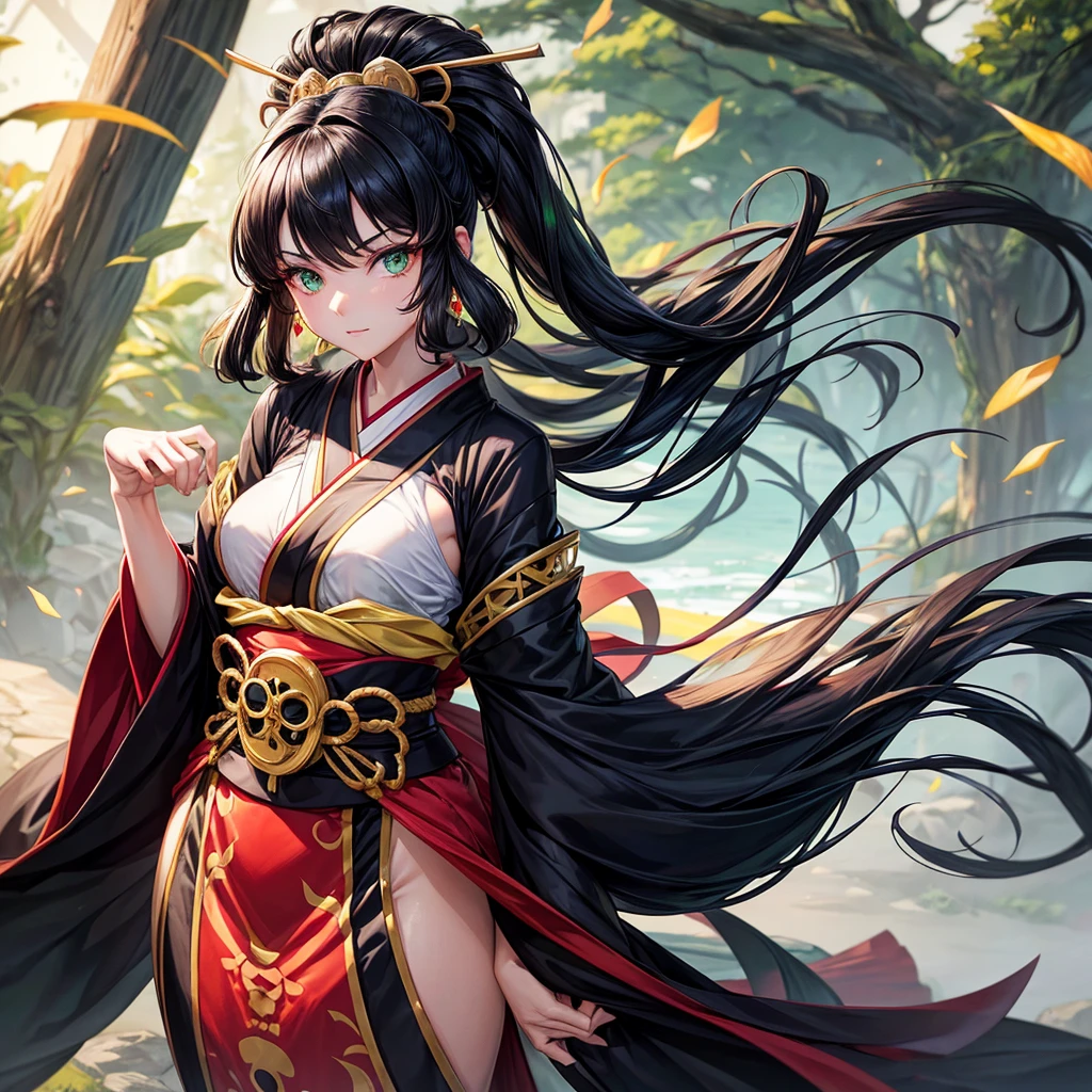 Black long hair, green eyes, beautiful eyes, beautiful kimono, Japan, 180 cm body height, 15 year old, female, medium breasts, correct anatomy