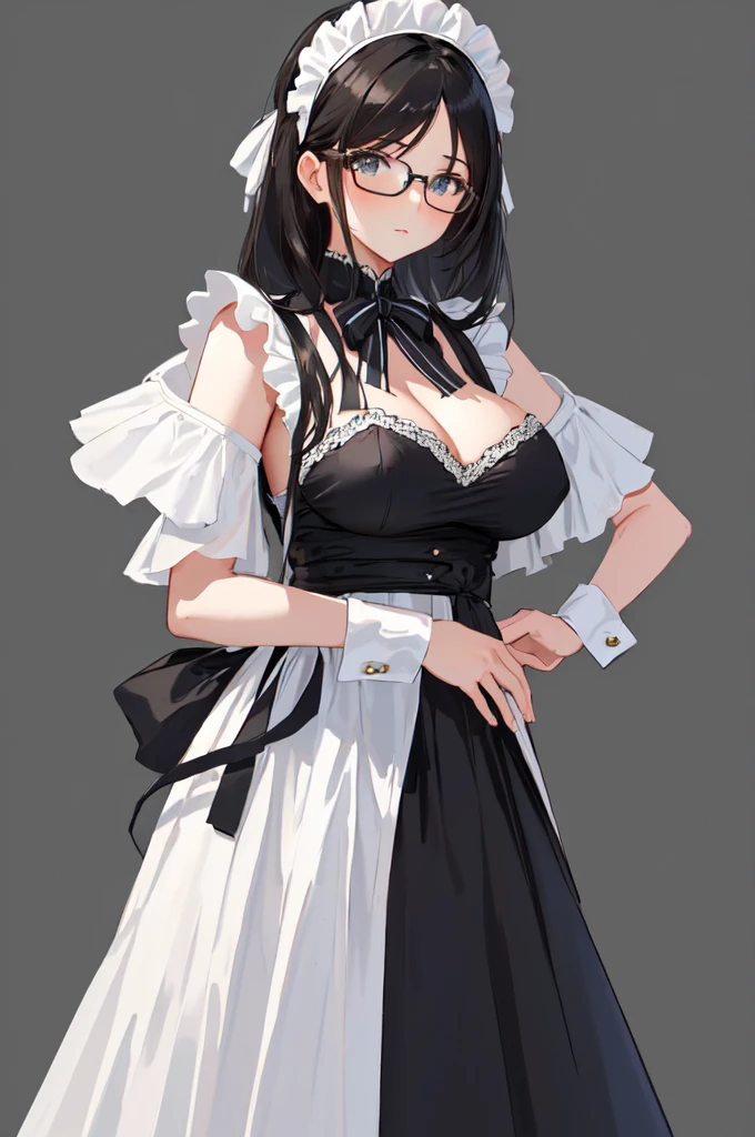 {{masterpiece}},high quality, 4K, 2D, 1 girl,{simple gray background},{{attractive mature lady}},milf,standing,sagging breasts,{{gigantic breasts}},maid,front face,{{tareme}},attractive mature lady,black hair, {from right in front of face and body},View viewers from front,{front facing shot},Wear glasses,(serious:0.1)