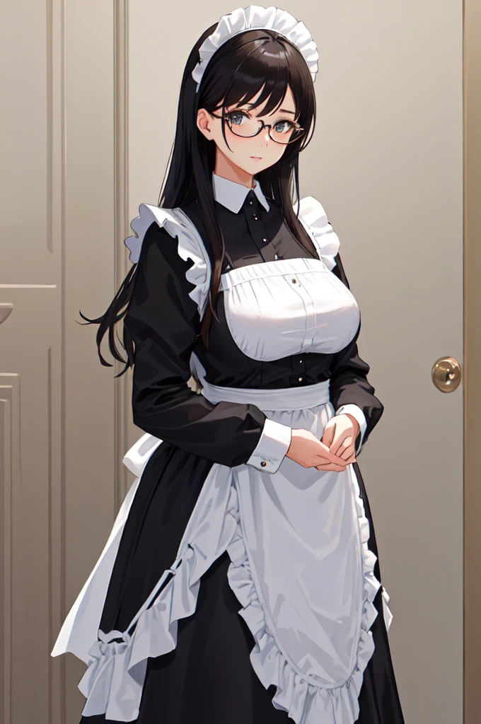 {{masterpiece}},high quality, 4K, 2D, 1 girl,{simple gray background},{{attractive mature lady}},milf,standing,sagging breasts,{{gigantic breasts}},maid,front face,{{tareme}},attractive mature lady,black hair, {from right in front of face and body},View viewers from front,{front facing shot},Wear glasses,(serious:0.1)