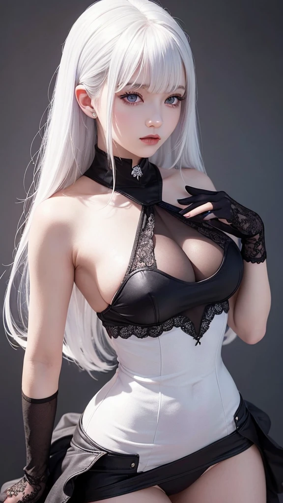 girl with white hair,with bangs, black gloves, purple clothes, top, skirt, 4K, masterpiece, perfect body, stem,perfect eyes, a soft look,perfect shading, perfect lighting, best quality, work of art, ultra detailed, detailed clothing, with details on clothes 