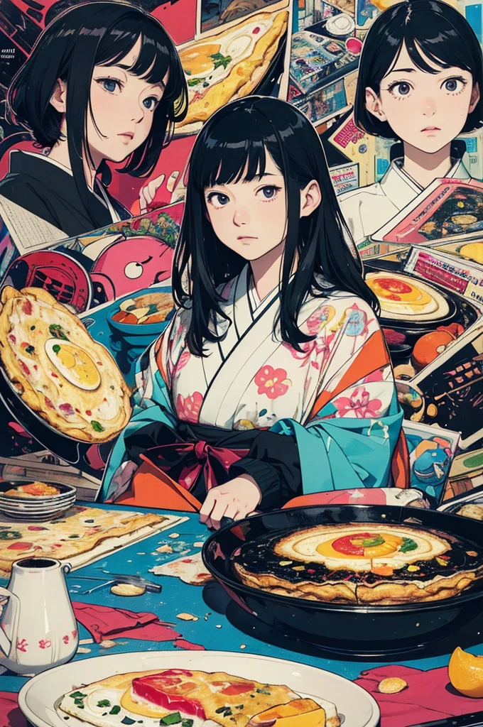 (masterpiece, best quality,ultra highres),flat color,(messy collage art),(midterm test, live broadcast, sleet, omelette, license),nostalgic melancholic artwork,japanese magazine collage, inspired by Victo Ngai cmyk palette, contemporary artistic collage,