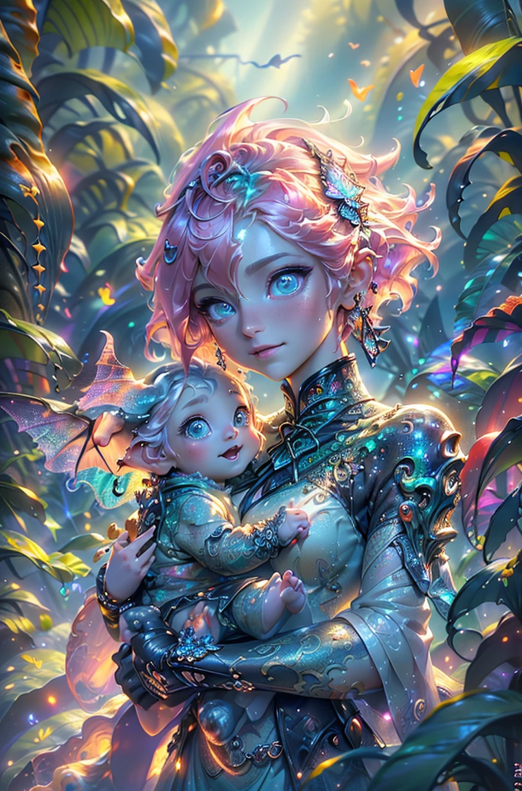cute baby pink Dragon with mesmerizing feature butterfly ethereal wings masterpiece, top quality, best quality, official art, beautiful and aesthetic:1.2), (1dragon), extreme detailed,(fractal art:1.3), colorful, highest detailed, (masterpiece, best quality:1.3) 1 bright-amber, blue, green cat like-eyes, professional digital painting, Unreal Engine 5. playful teasing expression, finely detailed eyes, happy mood, epic scene, epic composition, Cinematic Lighting, Volumetric Lighting, ethereal light, intricate details, extremely detailed volumetric rays. oil painting, Detailed facial features, Sunlight, bright colors, dramatic lighting, expressive eyes, High Resolution, 4K quality, Photorealistic