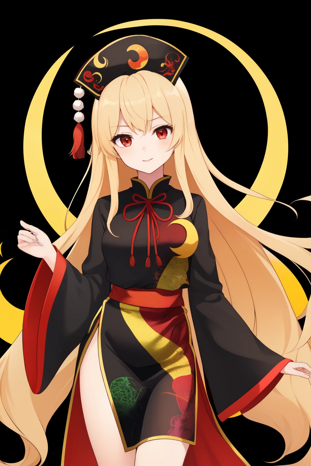 best quality, 1girl, mature, very long blonde hair, red eyes, chinese clothes, long dress, black dress, long sleeves, black sleeves, wide sleeves, neck ribbon, yellow neck ribbon, black phoenix hat (black pom-pom [6], black tassel [2], yellow crescent moon prints), tabard, red tabard (yellow bird print), no animals
touhou, junko
