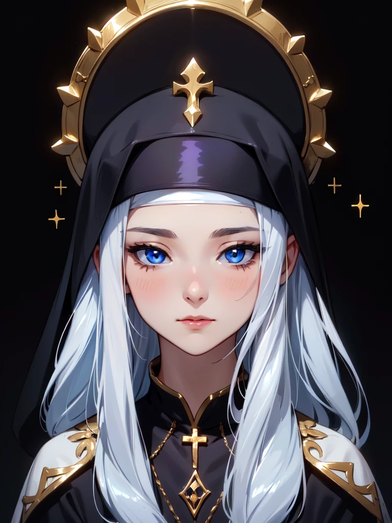 (((Portrait Photo))), She has a Radiant and Elegant Appearance of a 16-Year-Old, with a Delicate yet Confident Demeanor. Her Long, Silky Silver Hair Falls Gracefully Over Her Shoulders, Adding a Touch of Ethereal Beauty. Her Blue Eyes Shimmer with a Subtle Warmth, Exuding a Sense of Grace and Devotion. She Wears a Revealing Nun's Habit with Intricate Gold Crosses, Accentuating Her Poise and Mystique. Her Expression is Soft and Welcoming, with a Slight Blush on Her Cheeks, Conveying a Sense of Warmth and Serenity. (((High Quality, Dark Background))), (((Portrait Photo)))