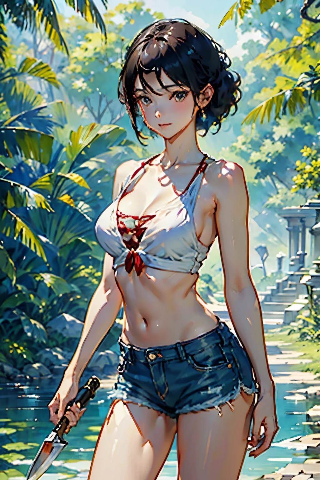 ((Artwork, Highest quality, High resolution)), ((Highly detailed 8K uniform CG wallpaper)), (Huge and amazing photos of the Goddess, Very hot and sexy, Wearing denim shorts, White top, Holding a survival knife in your hand、Amazing beauty, Perfect Proportions, Cute body, Slim body beauty:1.2), Woman silhouette,View from the front, Jungle Waterside、open air, Ray Tracing、Bright sunlight、rich vegetation, 