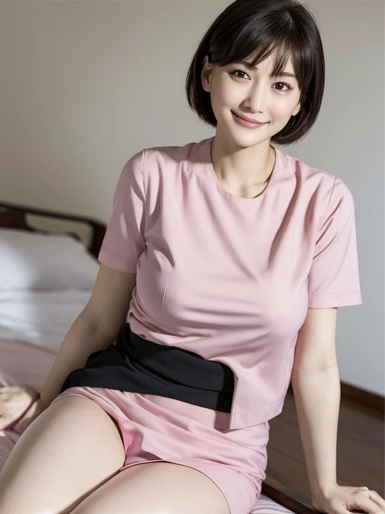 Highest quality、masterpiece、8k、Very detailed、Realistic、Looking at me with a smile、whole body、Black Hair、Short Hair、Small face、Slender、Impossibly large breasts、Thin and beautiful legs、narrow and constricted waist,、(Pink tight nurse uniform:1.2)
