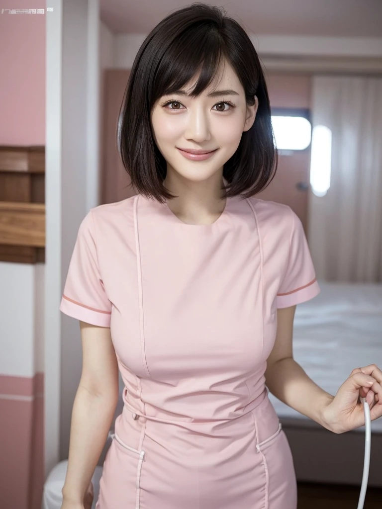 Highest quality、masterpiece、8k、Very detailed、Realistic、Looking at me with a smile、whole body、Black Hair、Short Hair、Small face、Slender、Impossibly large breasts、Thin and beautiful legs、narrow and constricted waist,、(Pink tight nurse uniform:1.2)