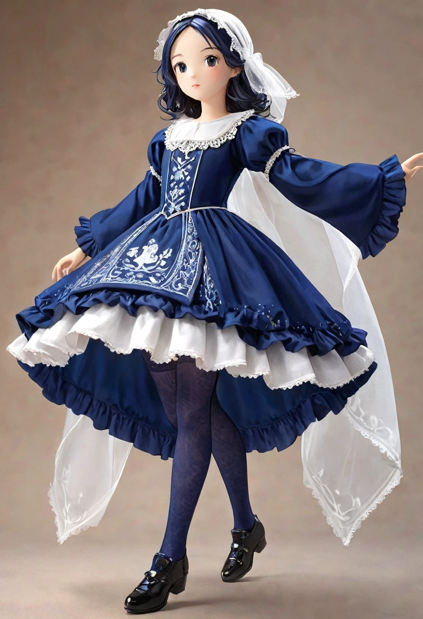 underwear, Realistic panties and bloomers made from patterned cotton fabric, A vibrant dark blue one-piece medieval dress with white embroidery and panniers, Fabric Realism, Low - Angle, You can see the drawer, Pull up the dress by hand, Strong winds, Translucent slip, Translucent slip, tights, Highest quality, Crotch close-up, whole body, Skirt lining