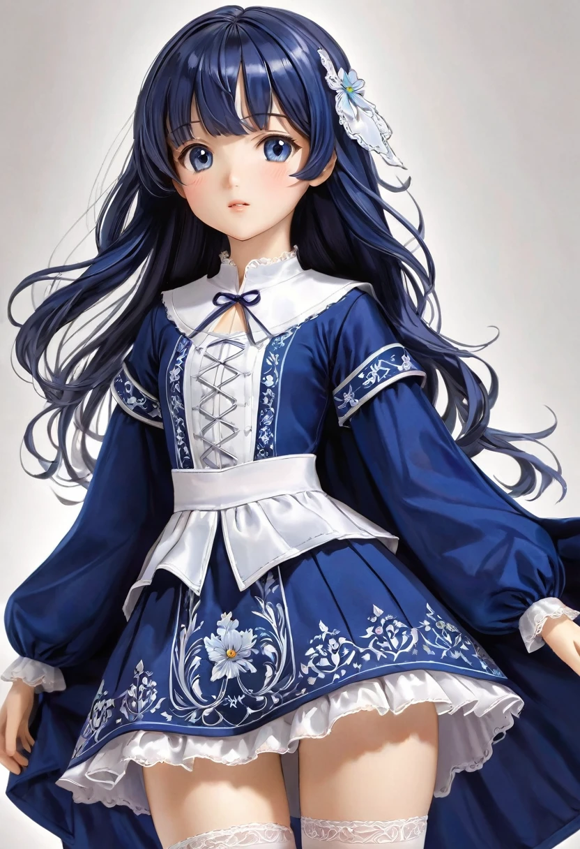 10 year old girl underwear, Realistic panties and bloomers made from patterned cotton fabric, A vibrant dark blue one-piece medieval dress with white embroidery and panniers, Fabric Realism, Low - Angle, You can see the drawer, Pull up the dress by hand, Strong winds, Translucent slip, Translucent slip, tights, Highest quality, Crotch close-up, whole body, Skirt lining