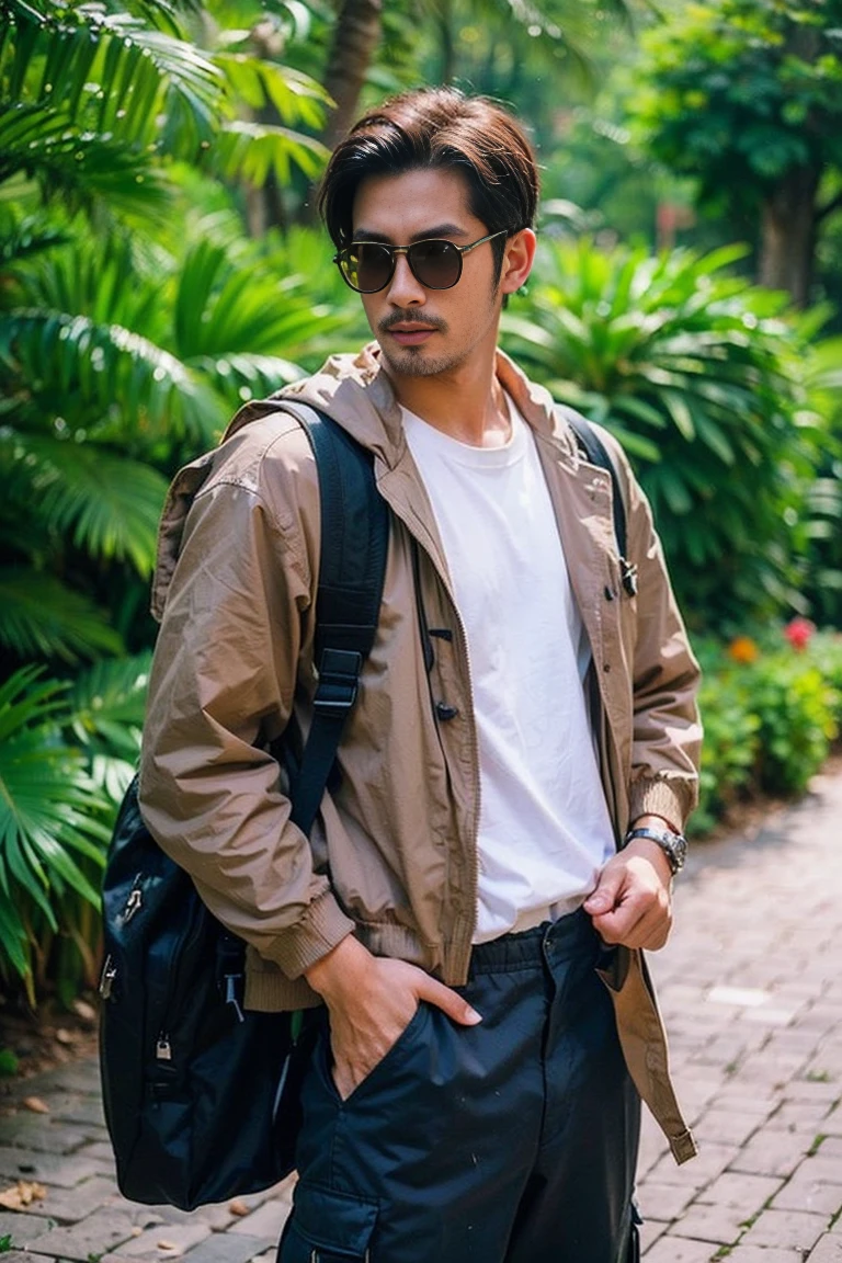 (best quality:1.2), (masterpiece:1.2), (ultra detailed:1.2), 1boy, (Thai male model:1.4), (handsome:1.3), (30 years old:1.2), (slight beard and mustache:1.1), full body, Against a blurred natural outdoor background, Modern adventurer outfit with Korean youth style influences, Confident and relaxed pose, (travel backpack:1.3), White sneakers, (best quality:1.2), (masterpiece:1.2), (ultra detailed:1.2), 1boy, (Thai male model:1.4), (handsome:1.3), (30 years old:1.2), (slight beard and mustache:1.1), full body, Rugged yet stylish appearance, Harmonious blend of explorer and K-pop fashion, Attention to outfit details, Cultural fusion elements, Modern wanderlust aesthetic, Youthful energy, Aspirational lifestyle portrayal, (tanned skin:1.2), (messy short hair:1.2), (warm brown eyes:1.1), Athletic build, Charming smile, (hiking boots:1.1), (cargo pants:1.2), (lightweight jacket:1.2), (graphic tee:1.1), (bandana:1.1), (smart watch:1.1), (sunglasses on head:1.2), (camera around neck:1.2), Casual hand in pocket, Other hand adjusting backpack strap, Natural outdoor lighting, Adventure-ready posture, Expressive facial features, Subtle muscle definition, (tattoo peek:1.1), (earring:1.1), Weather-appropriate layering, Color-coordinated outfit, Instagram-worthy composition, Trendy accessories, Eco-friendly gear hints, Ready-for-anything vibe, Inviting and approachable expression, Blend of ruggedness and refinement