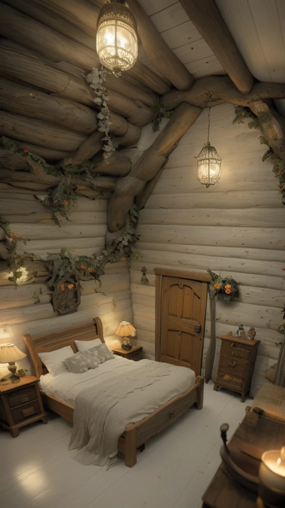 A cozy cottage, dreamlike bedroom with roots and candle shapes as carrots, fantasy, underground, colors, soft lighting, ethereal, hobbit wonderland (best quality,4k,8k,highres,masterpiece:1.2),ultra-detailed,(realistic,photorealistic,photo-realistic:1.37),HDR,studio lighting,vivid colors,cinematic