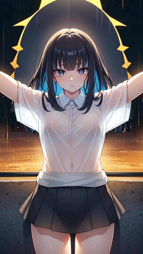 The clothes are wet, (Y-shirt is transparent: 1.4), skirt, (Unbroken body), (Perfect body structure), (arms two), (legs two), highest quality, 4K, (High resolution: 1.3) masterpiece , 1.2, Super detailed, HDR, Studio Lighting, Sharp Focus, Bright colors, Portrait, Warm tones, Soft Lighting,A bus stop in the evening rain、