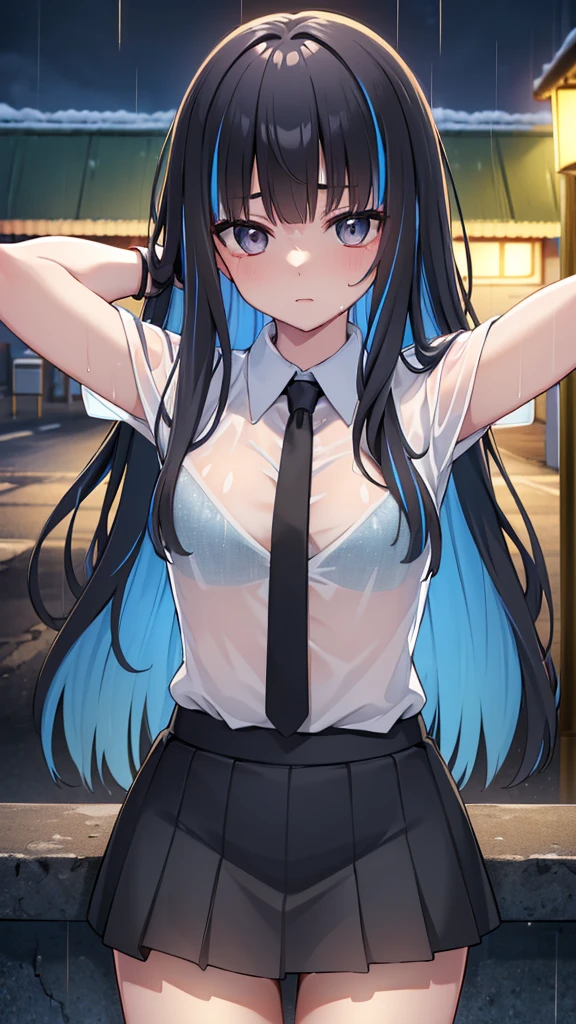 The clothes are wet, (Y-shirt is transparent: 1.4), skirt, (Unbroken body), (Perfect body structure), (arms two), (legs two), highest quality, 4K, (High resolution: 1.3) masterpiece , 1.2, Super detailed, HDR, Studio Lighting, Sharp Focus, Bright colors, Portrait, Warm tones, Soft Lighting,A bus stop in the evening rain、