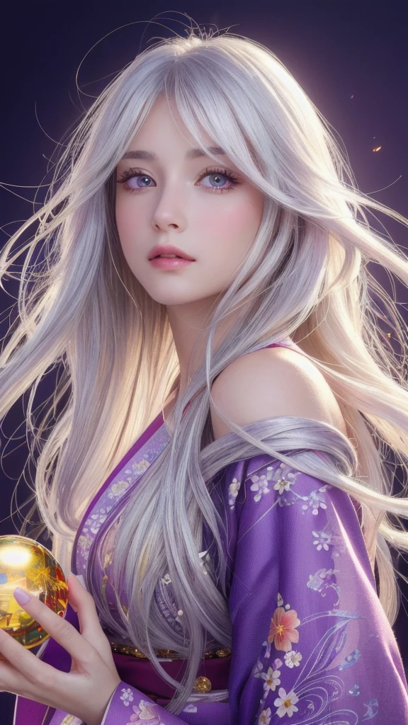 (masterpiece:1.3), (8k, photorealistic, raw photo, highest quality:1.4), (one girl), beautiful face, (realistic face), (long hair), (silver hair, near white hair, shiny hair, beautiful straight hair), (even bangs), (sharp bangs), straight hairstyle, realistic eyes, beautiful detailed eyes (purple eyes), (sharp eyes), (realistic skin), beautiful skin, (kimono), (magician's kimono), (flower hair ornament), attractive, ultra high resolution, ultra realistic, highly detailed, golden ratio, colorful background, (flowers blooming), (energy dancing background), magician, facing forward, facing from shoulders, looking straight ahead, both shoulders facing towards you, holding crystal ball, (heart crystal ball, love crystal ball).